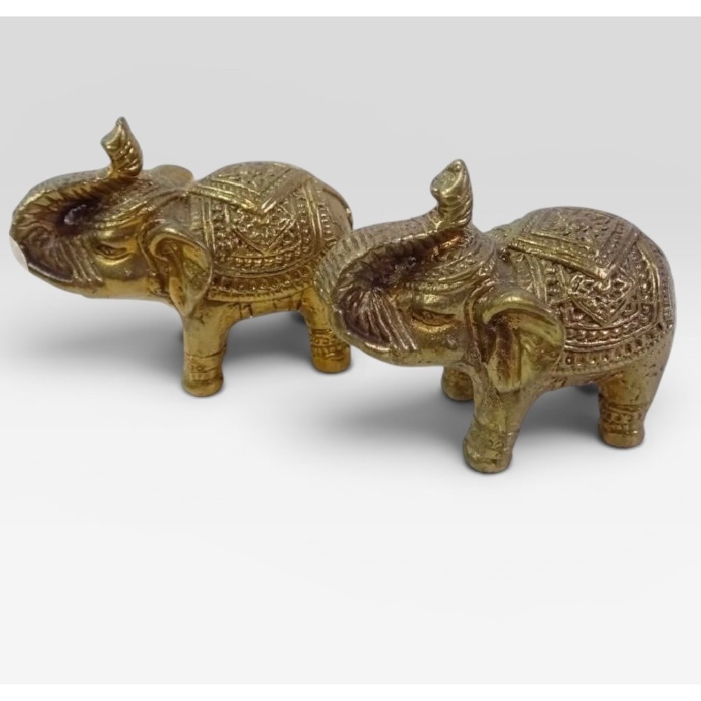 Vintage Brass Tone Elephant Figurines Set of 2 Small Engraved Gold Statues